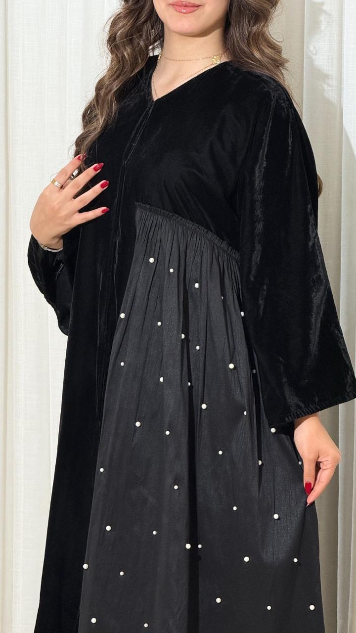 Velvet Abaya with Side Pearl Embellishments