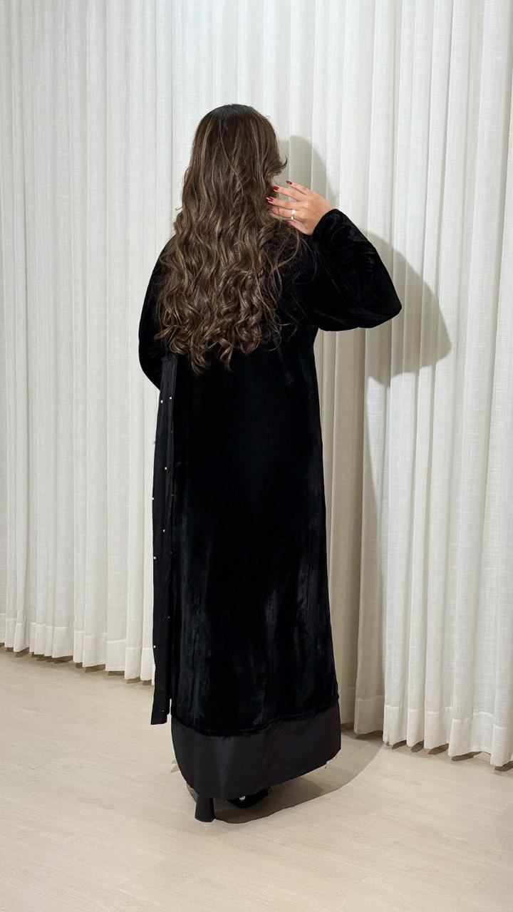 Velvet Abaya with Side Pearl Embellishments