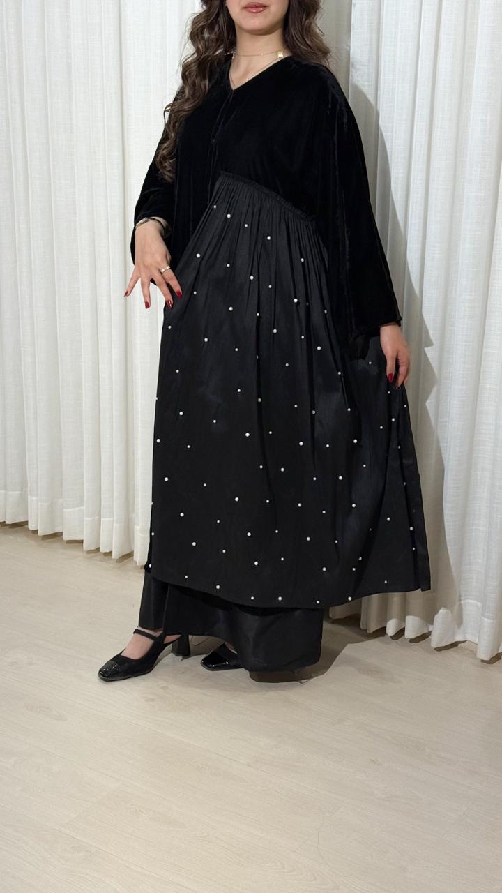 Velvet Abaya with Side Pearl Embellishments