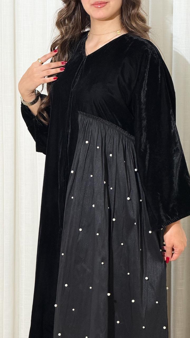 Velvet Abaya with Side Pearl Embellishments
