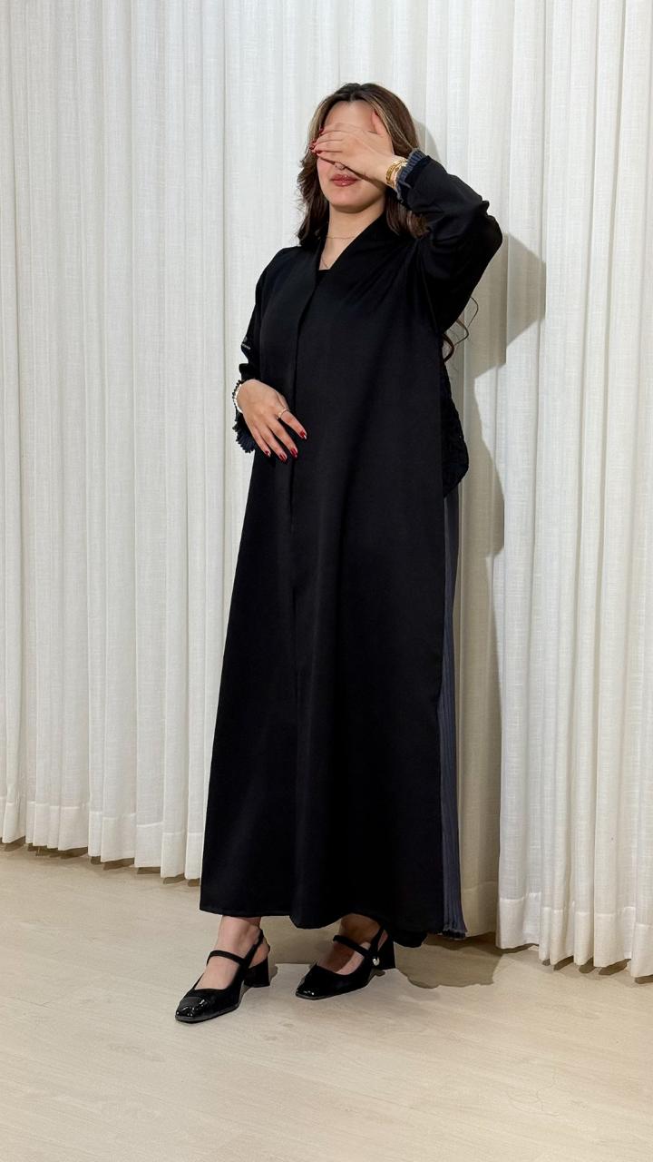 Wide-Cut Crepe Abaya with Back Pleats & Lace